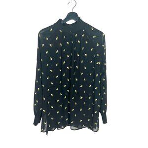 CAbi Black White Embroidered Floral Long Sleeve Button Up Collar Sheer Top Mediu